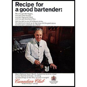 1965 Canadian Club Whisky Whiskey Vintage Print Ad Recipe for Bartender Wall Art